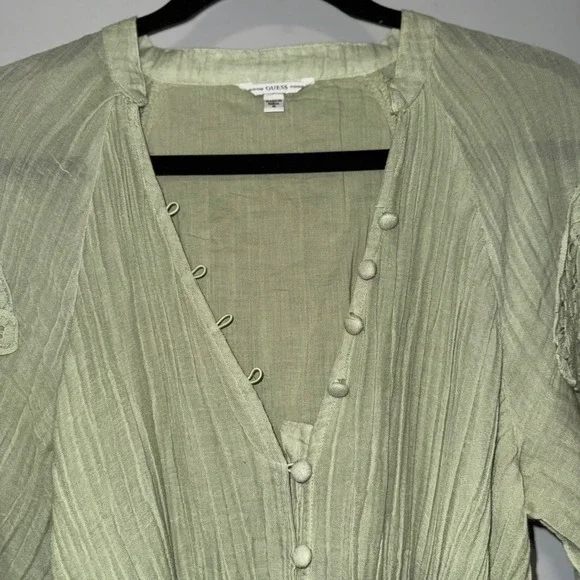 GUESS Green Lace Trim Button Front Midi Dress Belted Long Sleeve Boho Size M - Picture 2 of 6